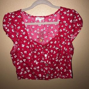 Red floral crop button up